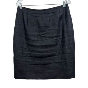 Scaasi Neiman Marcus Womens Linen Skirt Flat Front Lined Vented Zip Black Sz 12*